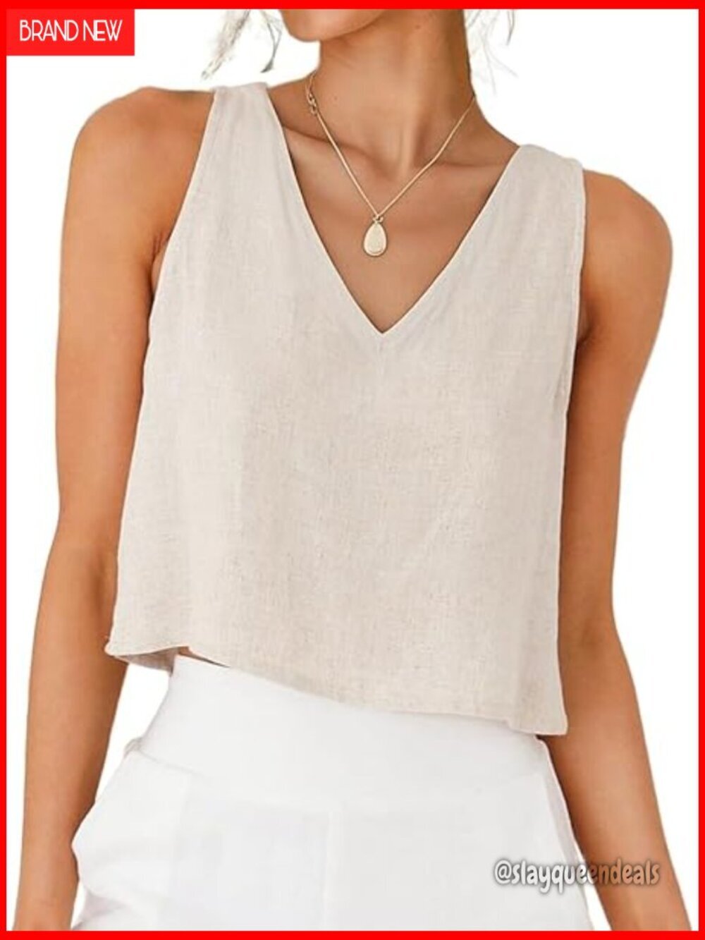 Cropped Linen Tank Top V-Neck Sleeveless Summer Blouse Regular Fit